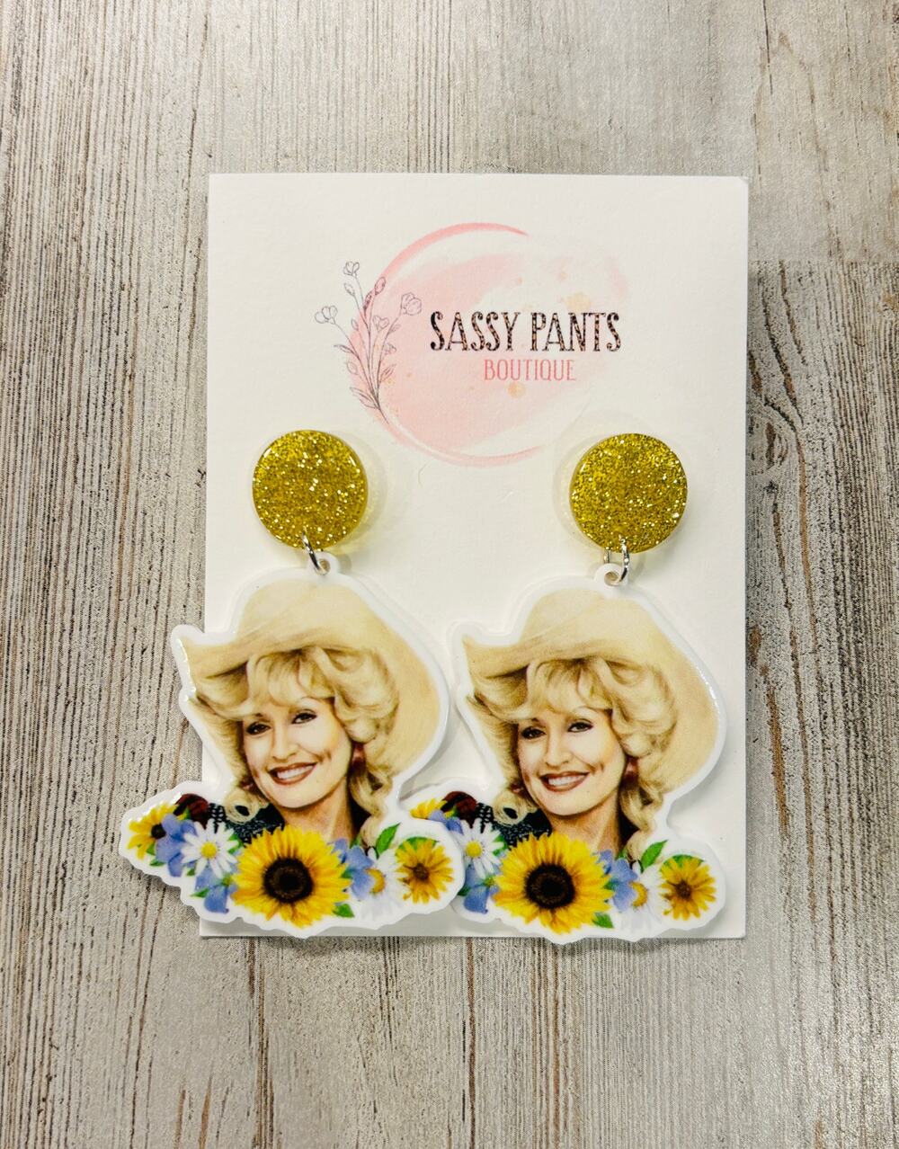 Dolly Parton Acrylic Sunflower Sparkle Earrings New